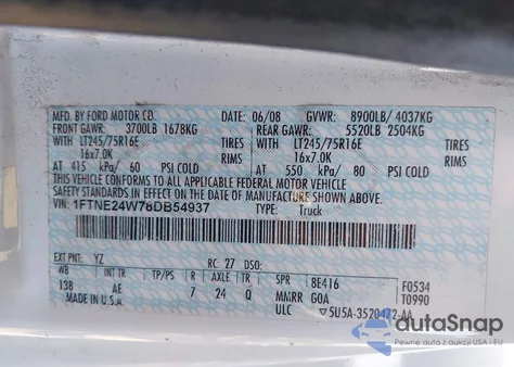 2008 Ford E-250 Commercial/Recreational from USA, damaged, VIN 1FTNE24W78DB54937